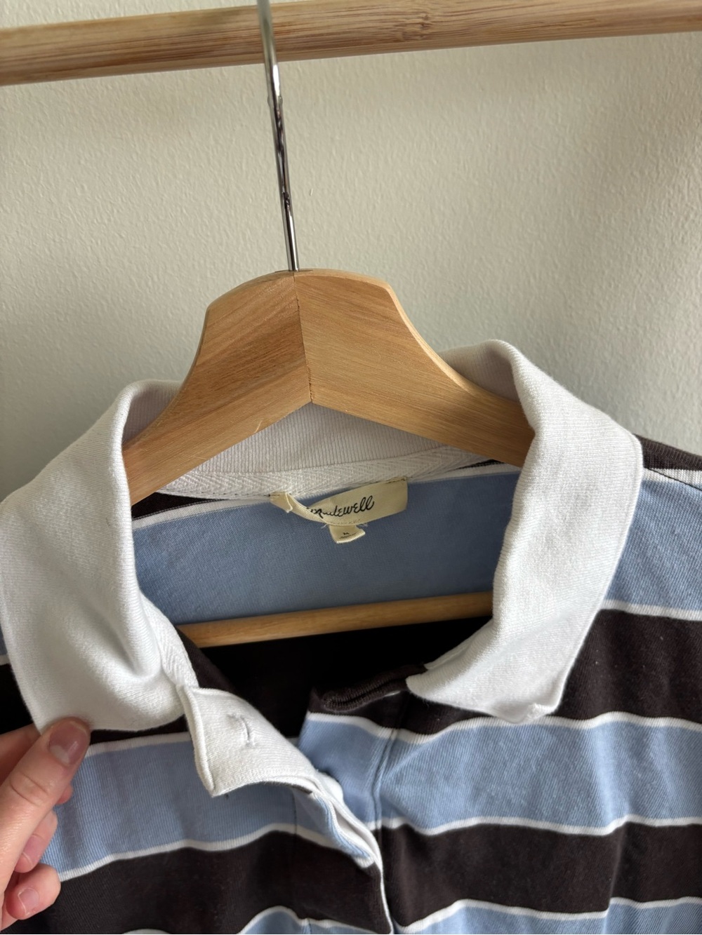 Madewell Women's Striped Rugby Polo in Light Blue & Black with White Collar - Picture 3 of 4